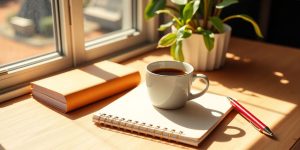 Birou luminos cu notițe și cafea.