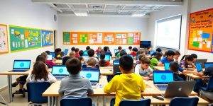 Sala de clasă modernă cu elevi și tehnologie.