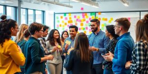 Grup divers de oameni brainstorming idei in birou modern.