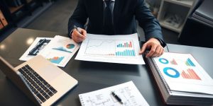 Analist de afaceri in birou modern, concentrat pe strategii.