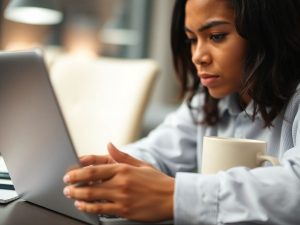 Persoană concentrată lucrând la laptop, notițe în jur.