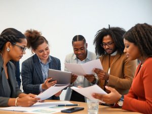 Discuție profesională despre decizii în carieră.