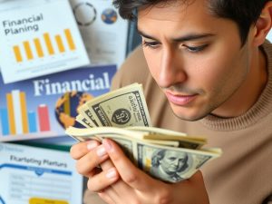 Persoană numărând bani, accent pe educația financiară.