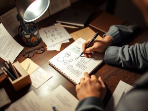 Persoană scriind idei pe un blocnotes, iluminată.