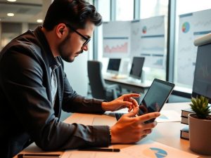 Persoană analizând date într-un birou modern.