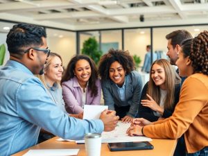 Echipă dinamică colaborând într-un spațiu vibrant.