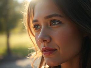 Persoană zâmbitoare, alegând între două căi iluminate.