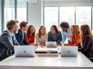 Oameni zâmbitori colaborând într-un birou modern și luminos