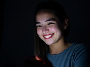 Persoană zâmbind în timp ce privește un ecran luminos.