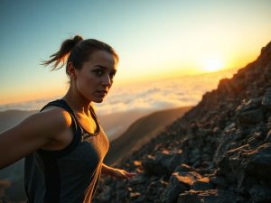 Femeie urcând o stâncă abruptă la răsărit, cu privire hotărâtă.