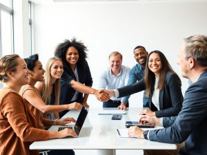 Oameni zâmbitori, colaborând eficient, strângând mâini cu încredere.