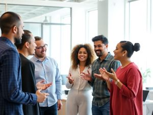Oameni care interacționează și colaborează eficient.