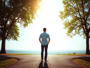 Persoană pe o cărare spre un orizont luminos.