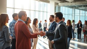 Oameni de afaceri interacționând într-un spațiu luminos.