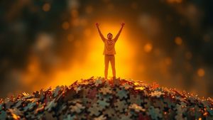 Persoană ridicându-se din piese de puzzle împrăștiate.