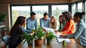 Profesioniști planificând sustenabil într-un birou luminos